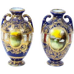 Used Pair Taisho Period Noritake Hand Painted Porcelain Vases, 1920s