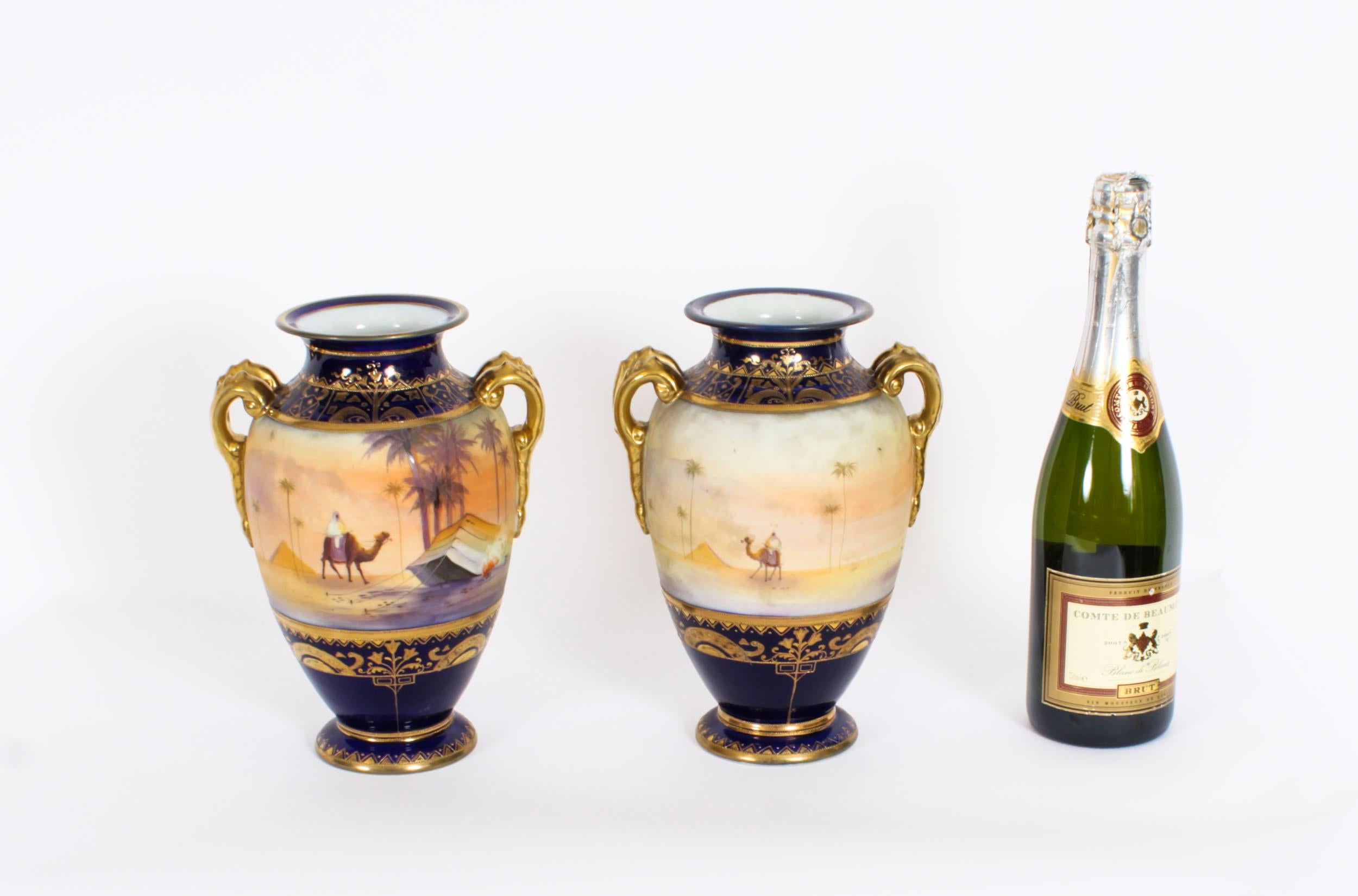 Antique Pair Taisho Period Noritake Hand Painted Porcelain Vases 20th Century 15