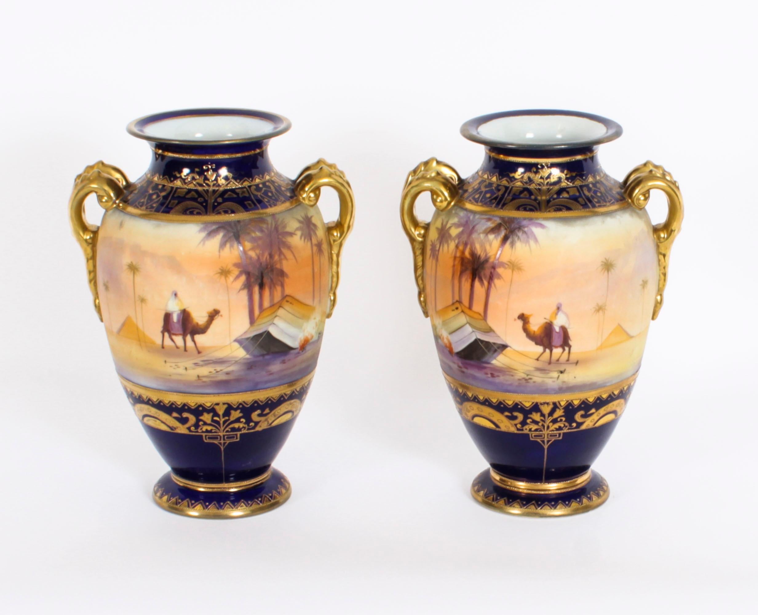 Antique Pair Taisho Period Noritake Hand Painted Porcelain Vases 20th Century 16