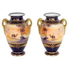 Antique Pair Taisho Period Noritake Hand Painted Porcelain Vases 20th Century