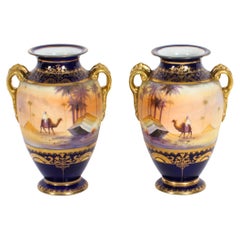 Used Pair Taisho Period Noritake Hand Painted Porcelain Vases 20th Century