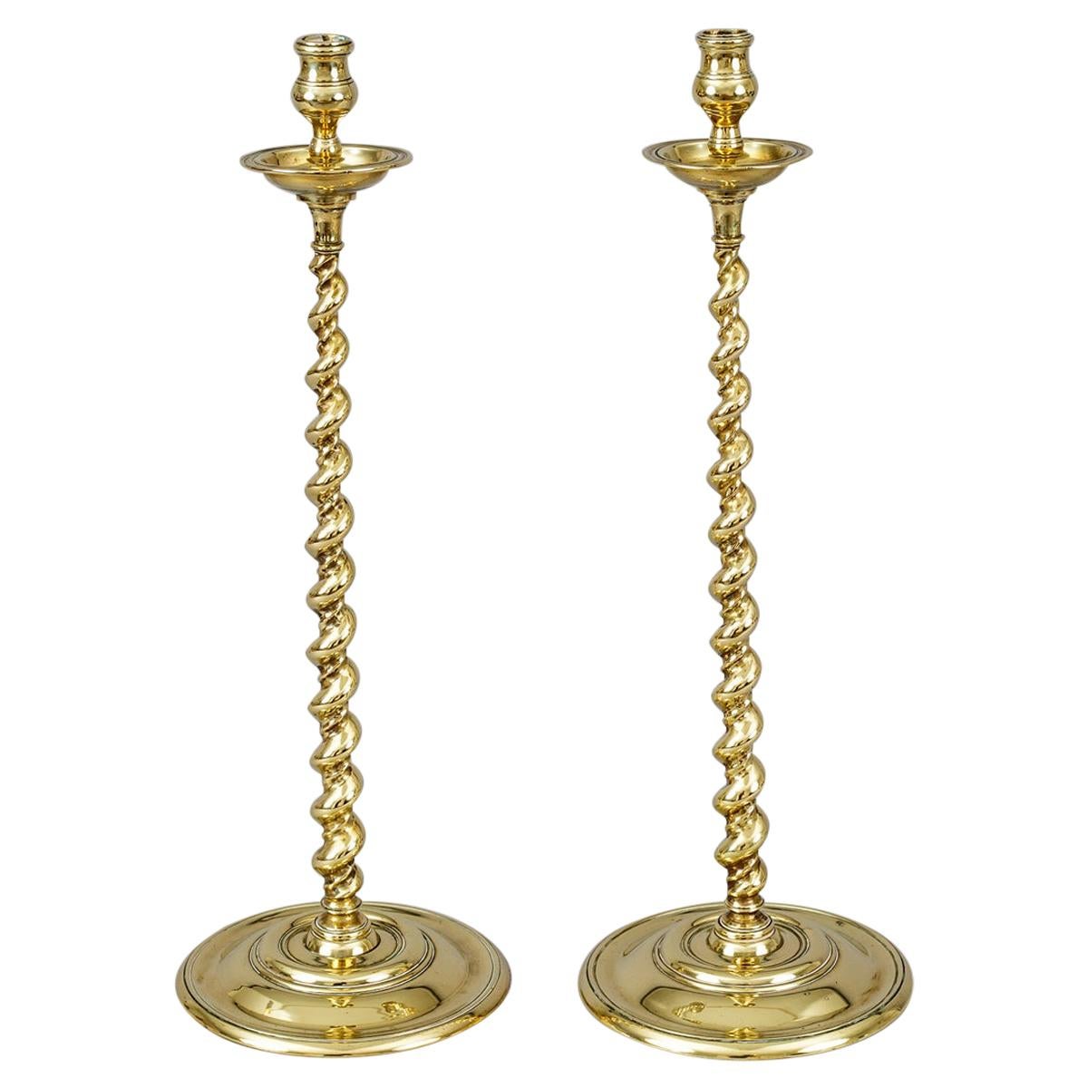 Antique Pair of Tall Brass Spiral Twist Candlesticks For Sale