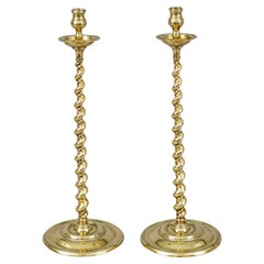 Antique Pair of Tall Brass Spiral Twist Candlesticks