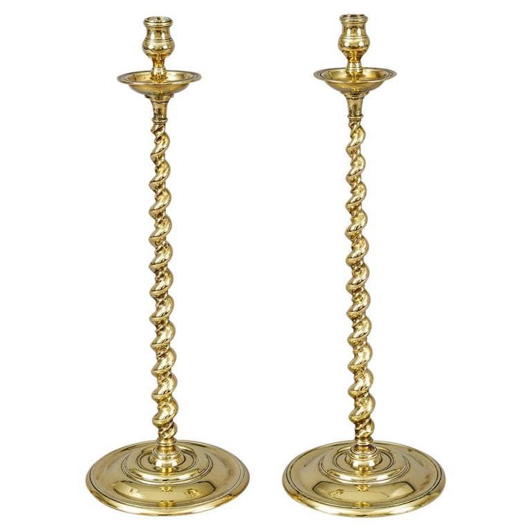 Vintage Pair Of Brass Large Spiral Barley Twist Candle Stick Holders