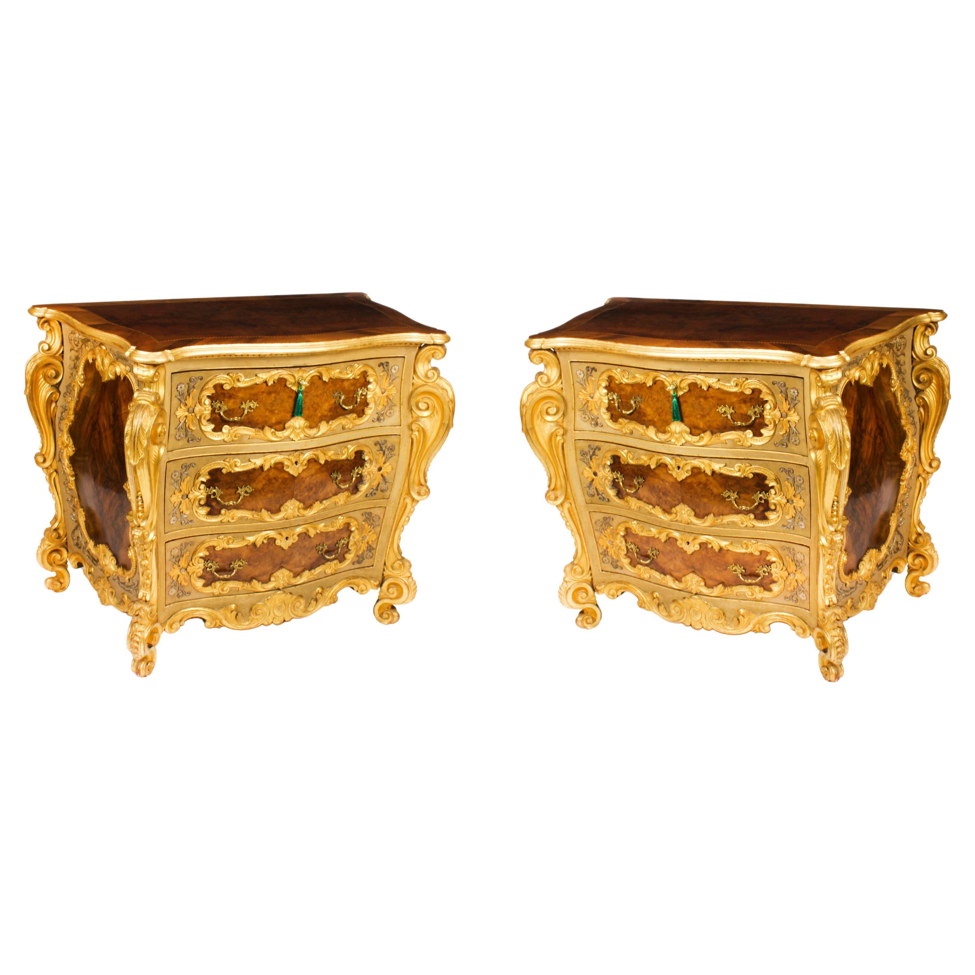 Antique Pair Venetian Walnut and Giltwood Commodes Chests 19th C For Sale