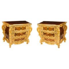 Antique Pair Venetian Walnut and Giltwood Commodes Chests 19th Century