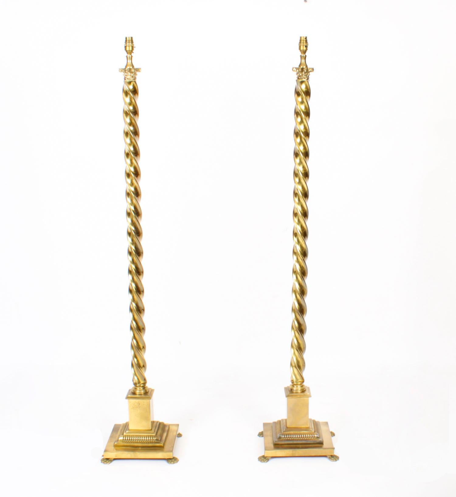 Antique Pair Victorian Brass Corinthian Column Standard Lamps Late 19th Century 13