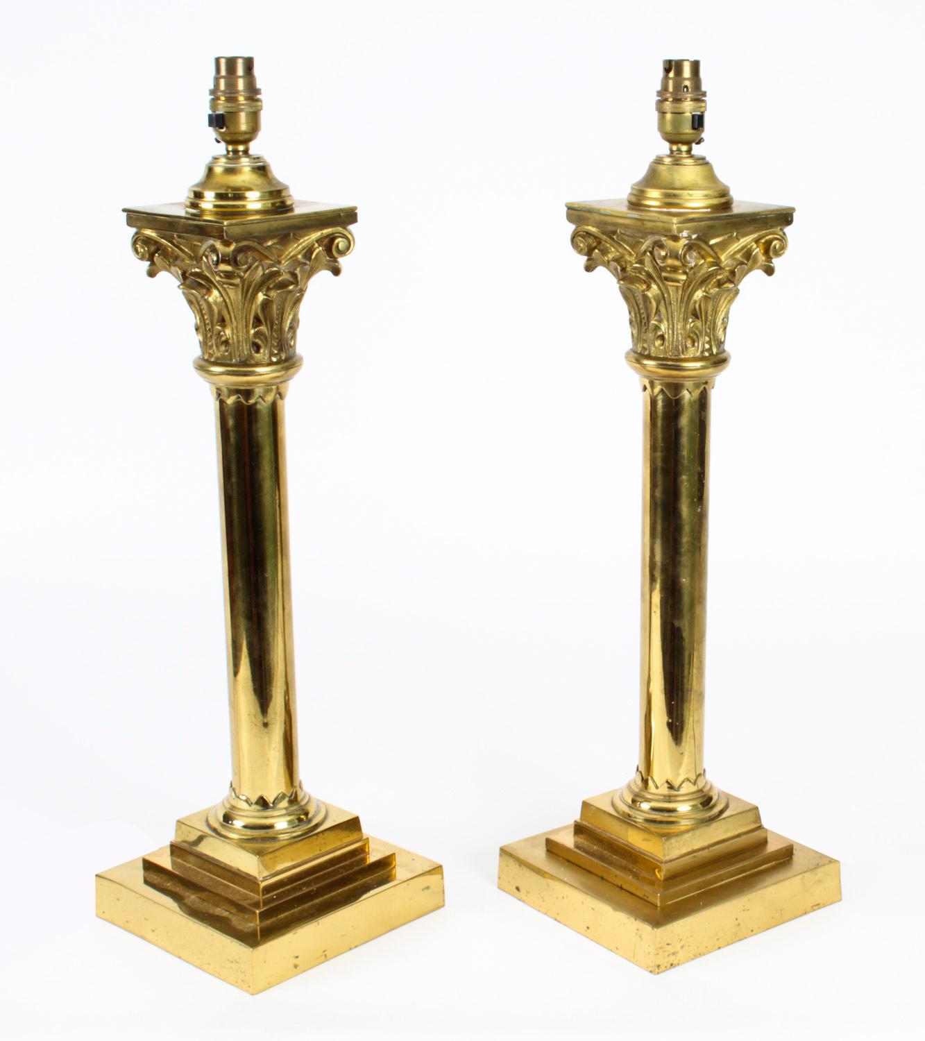 Antique Pair Victorian Brass Corinthian Column Table Lamps, 19th C For Sale 7