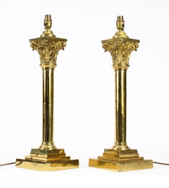 Antique Pair Victorian Brass Corinthian Column Table Lamps, 19th C