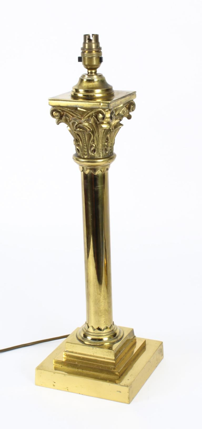 English Antique Pair Victorian Brass Corinthian Column Table Lamps, 19th C For Sale