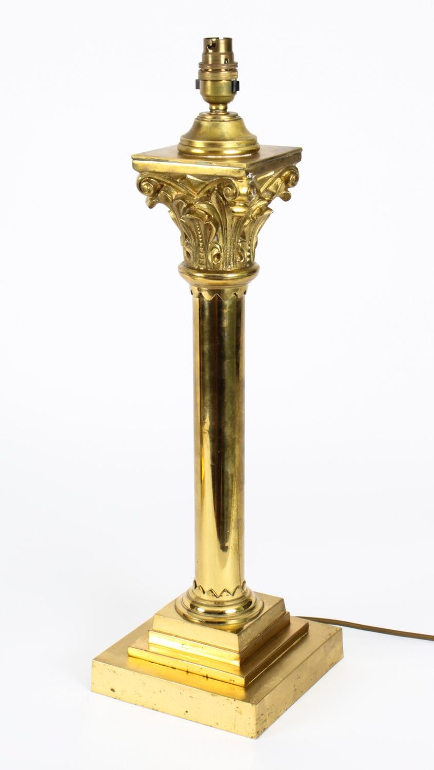 Late 19th Century Antique Pair Victorian Brass Corinthian Column Table Lamps, 19th C For Sale