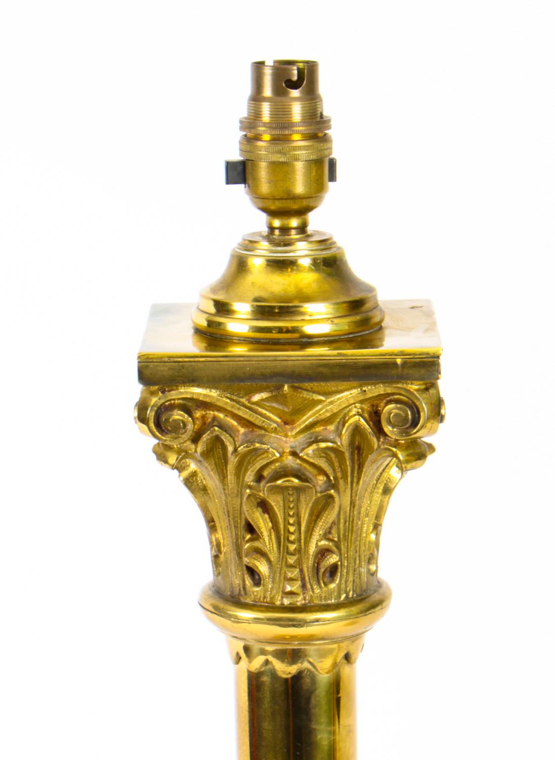 Antique Pair Victorian Brass Corinthian Column Table Lamps, 19th C For Sale 1