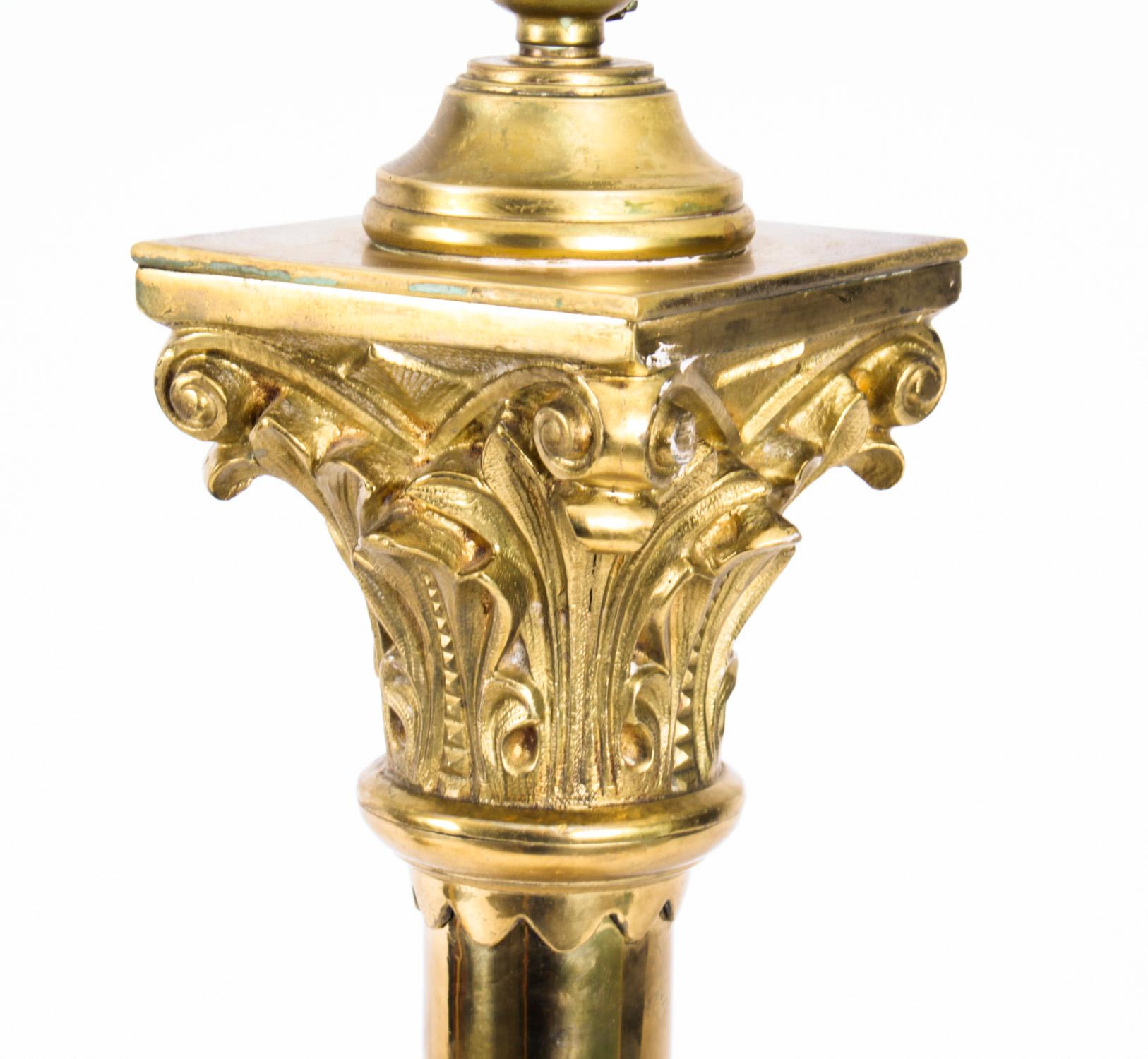 Antique Pair Victorian Brass Corinthian Column Table Lamps, 19th C For Sale 2