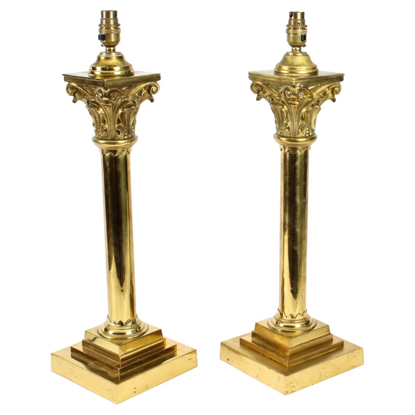 Antique Pair Victorian Brass Corinthian Column Table Lamps, 19th C