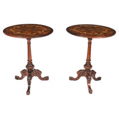 Antique Pair Victorian Burr Wanut & Marquetry Occasional Tables 19th Century