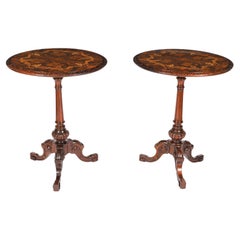 Antique Pair Victorian Burr Wanut & Marquetry Occasional Tables 19th Century