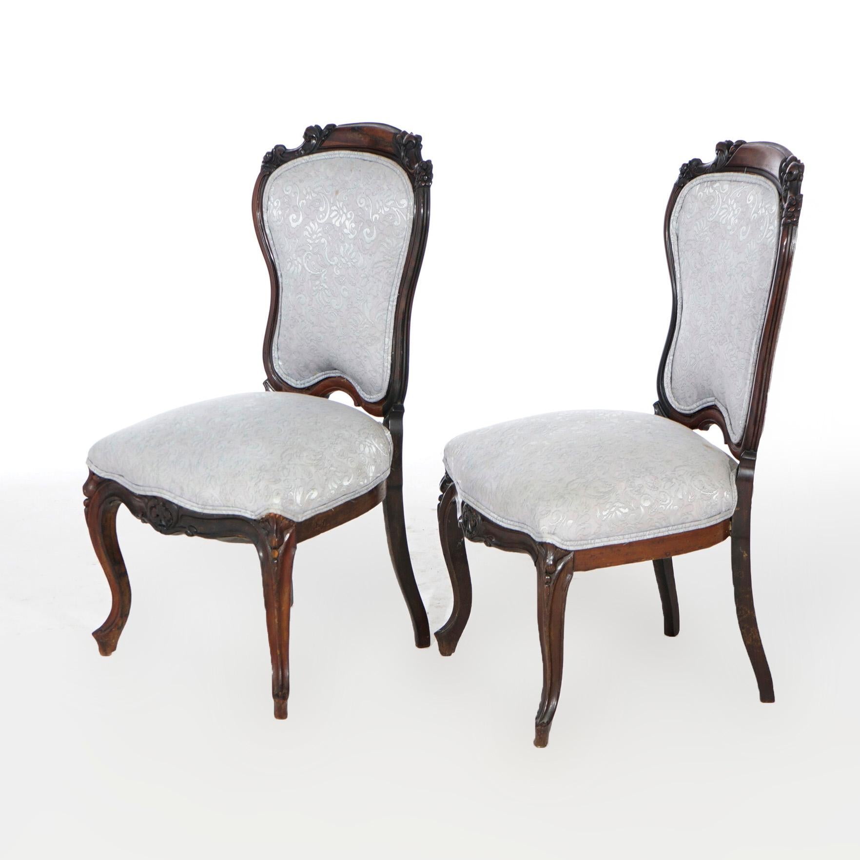 Antique Pair Victorian Carved Mahogany Upholstered Side Chairs 19th C In Good Condition For Sale In Big Flats, NY