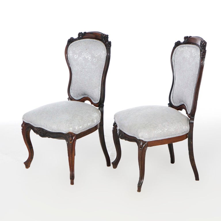 Antique Pair Victorian Carved Mahogany Upholstered Side Chairs 19th C