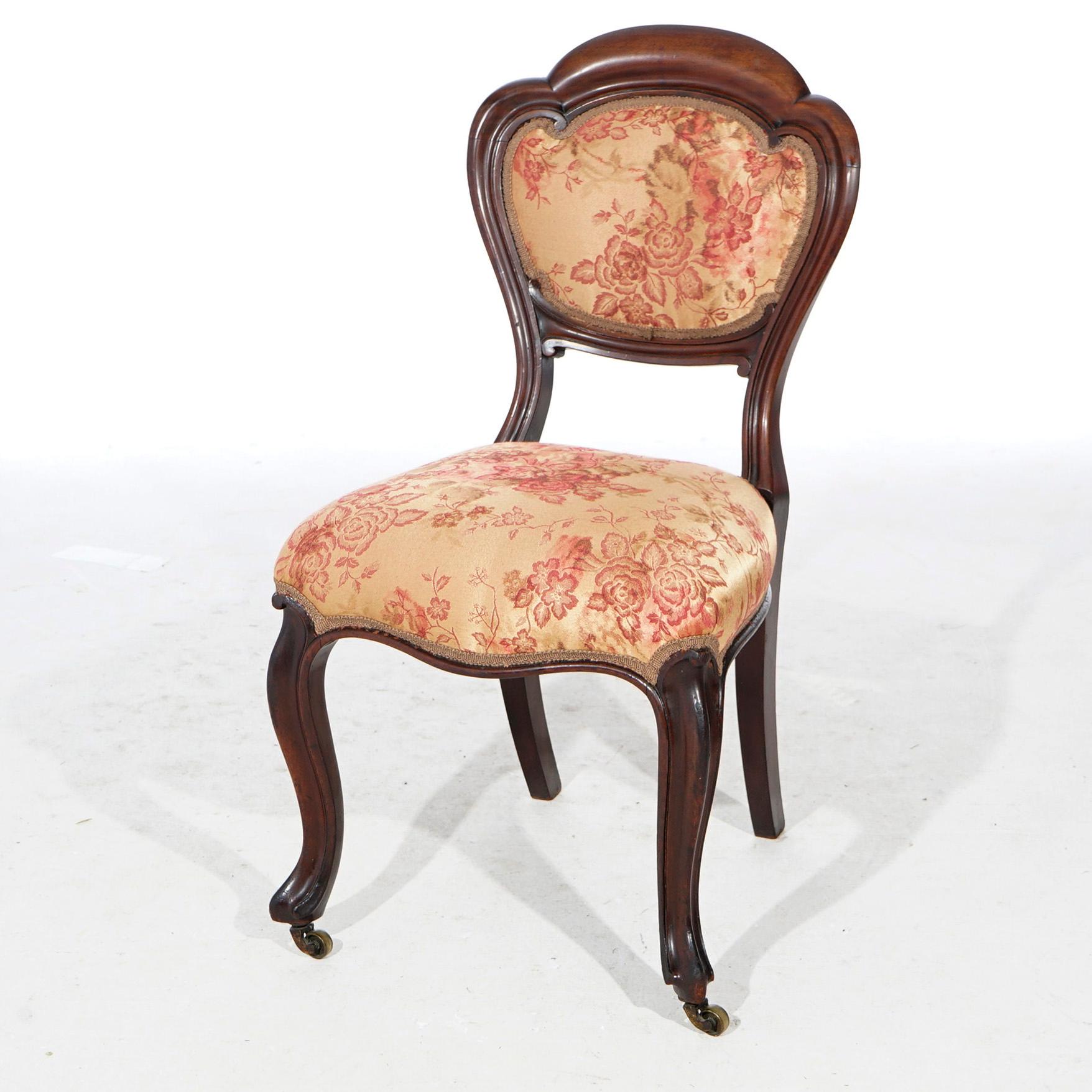 Antique Pair Victorian Carved Mahogany & Upholstered Side Chairs 19th C In Good Condition In Big Flats, NY