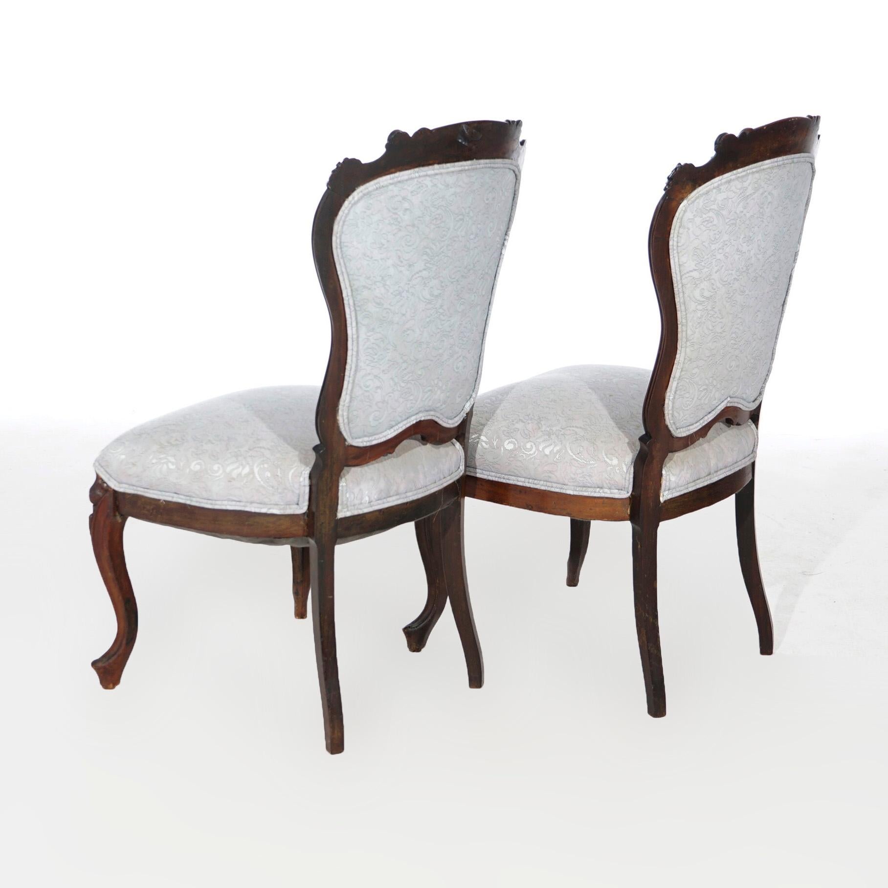 19th Century Antique Pair Victorian Carved Mahogany Upholstered Side Chairs 19th C For Sale