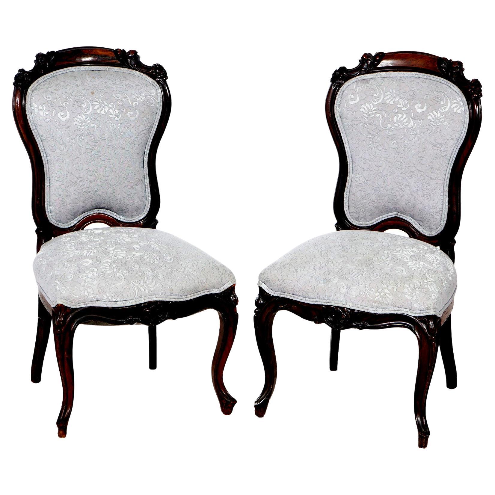 Antique Pair Victorian Carved Mahogany Upholstered Side Chairs 19th C For Sale