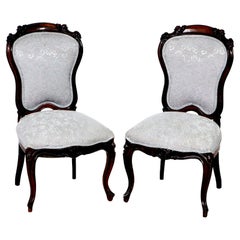 Antique Pair Victorian Carved Mahogany Upholstered Side Chairs 19th C