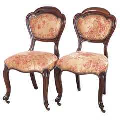 Antique Pair Victorian Carved Mahogany & Upholstered Side Chairs 19th C