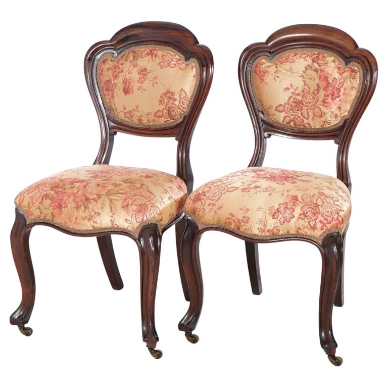 Antique Pair Victorian Carved Mahogany and Upholstered Side Chairs 19th