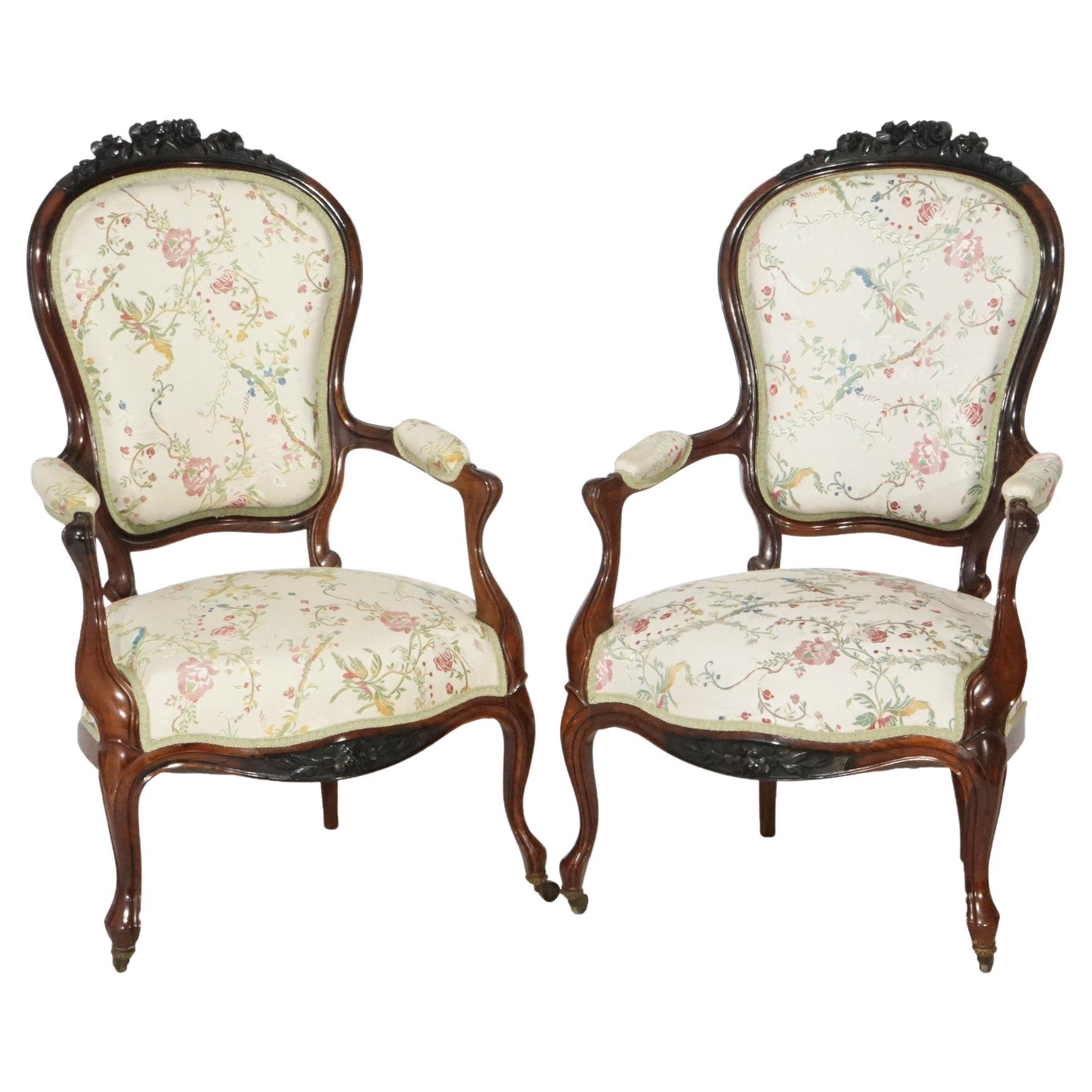 Antique Pair Victorian Carved Rosewood Parlor Arm Chairs, Circa 1890 For Sale