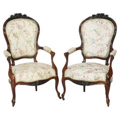 Antique Pair Victorian Carved Rosewood Parlor Arm Chairs, Circa 1890