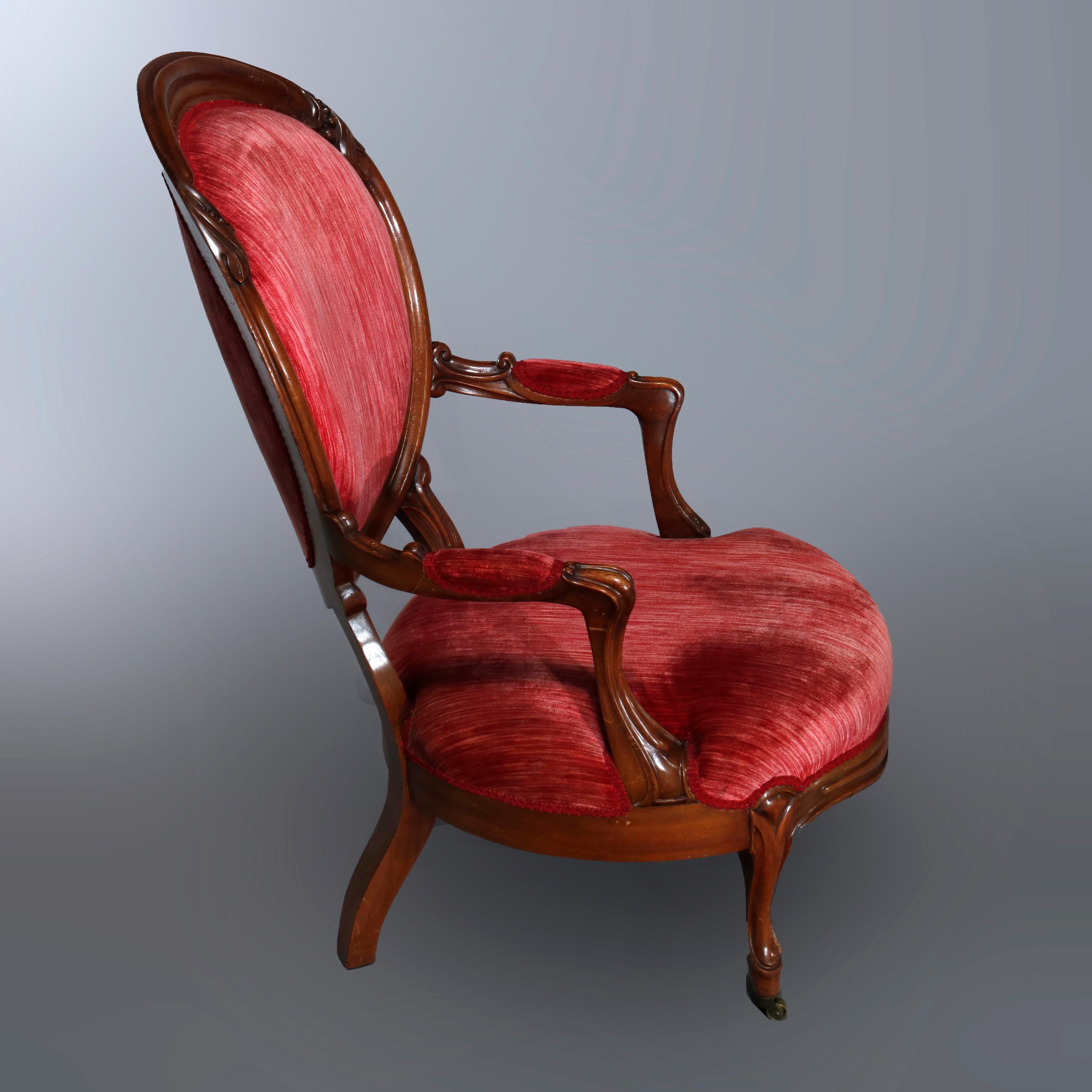 19th Century Pair of Victorian Carved Walnut Arm Upholstered Parlor Armchairs, circa 1890