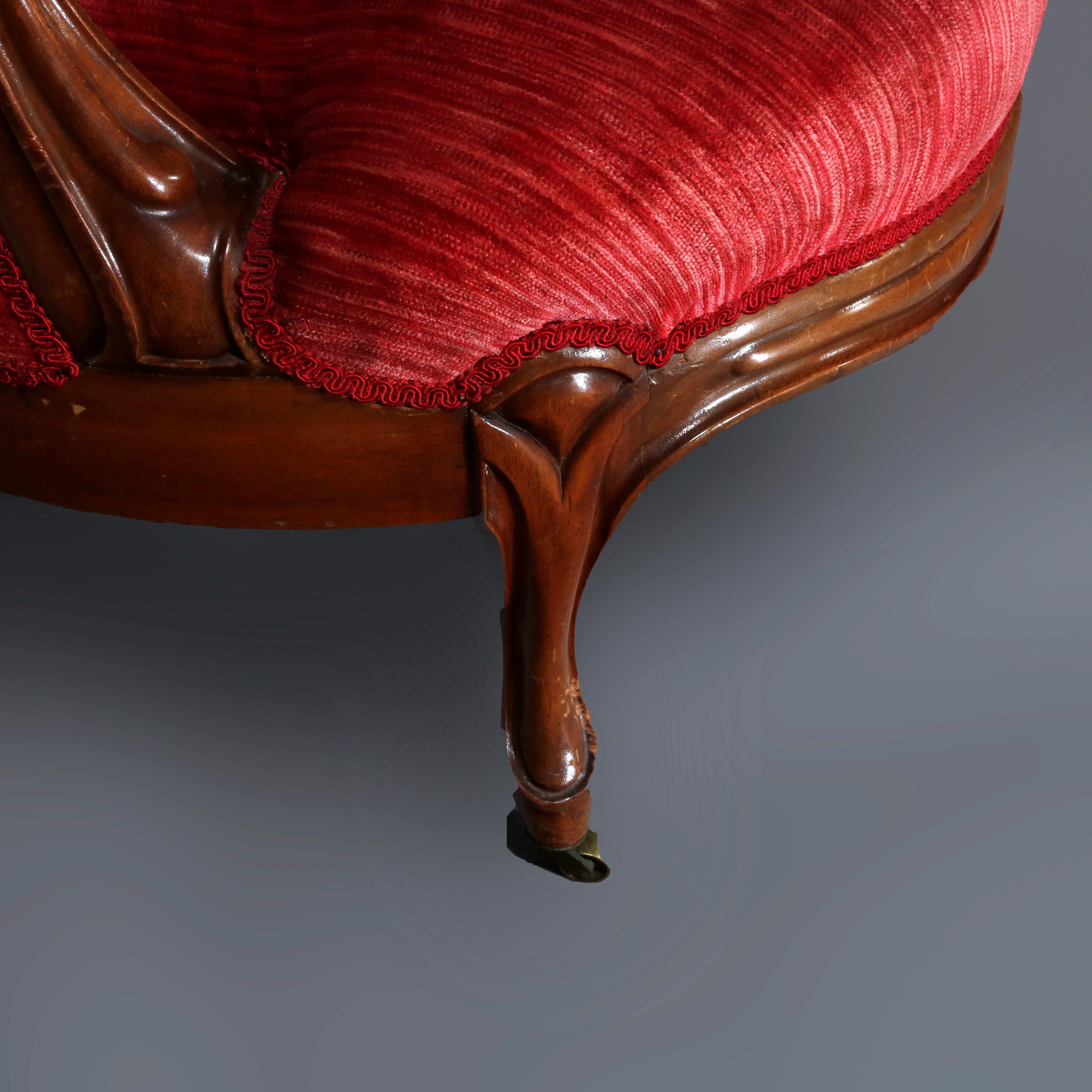 Pair of Victorian Carved Walnut Arm Upholstered Parlor Armchairs, circa 1890 2