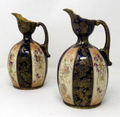 Antique Pair Victorian English Porcelain Ewers Jugs Vases Gilt Cobalt Blue 19 Ct