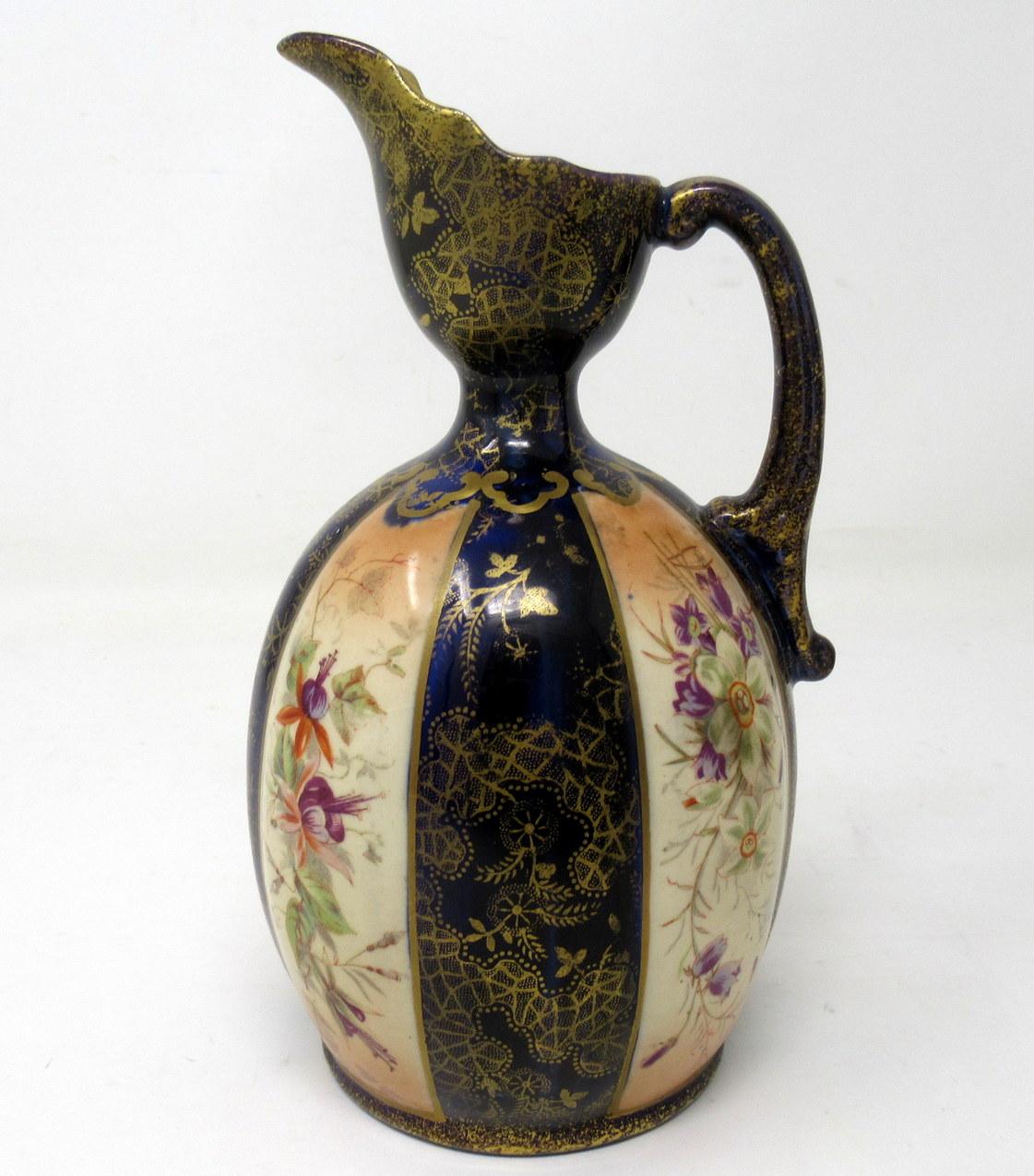 Antique Pair Victorian English Porcelain Ewers Jugs Vases Gilt Cobalt Blue 19 Ct In Good Condition In Dublin, Ireland