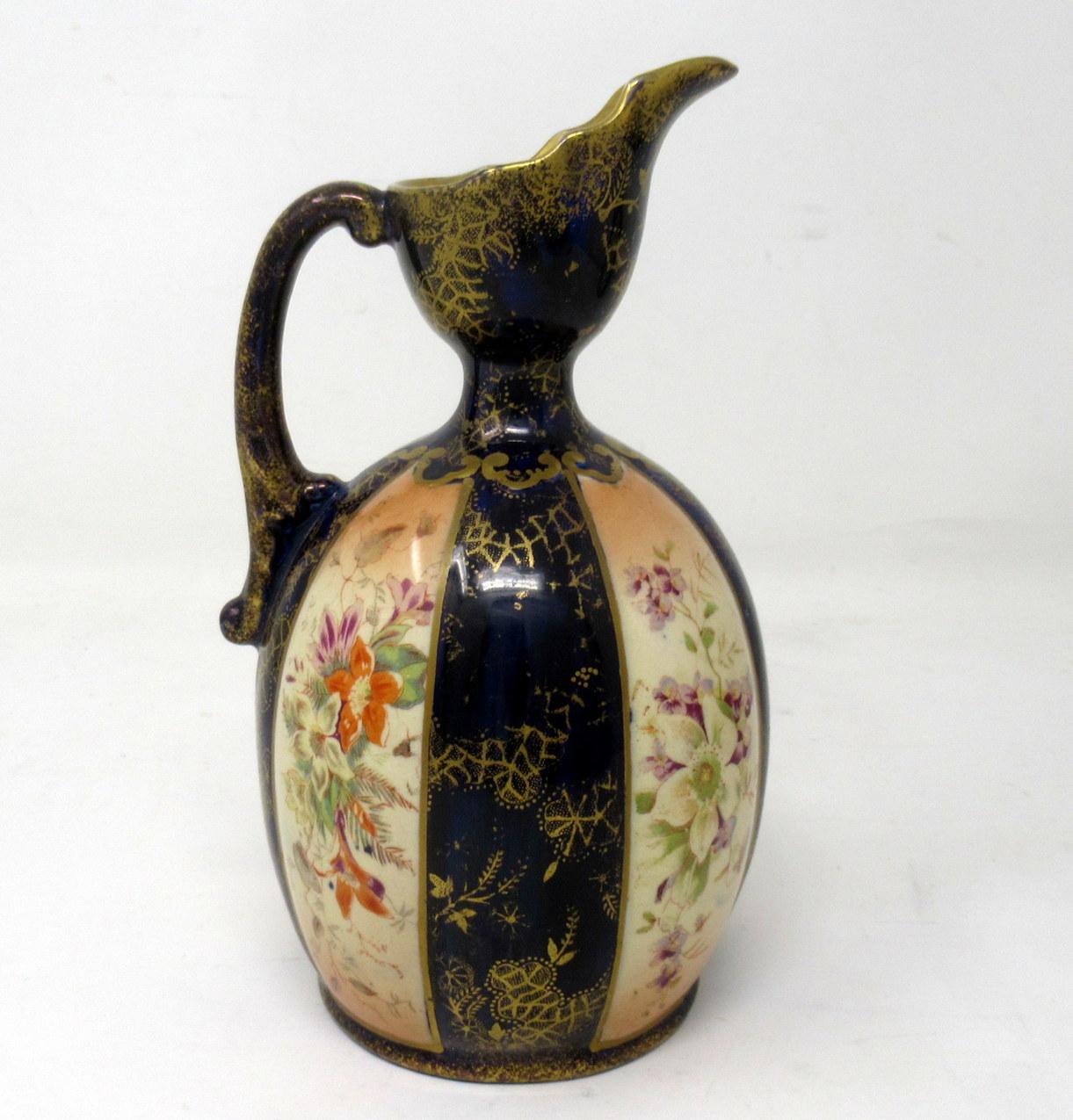 19th Century Antique Pair Victorian English Porcelain Ewers Jugs Vases Gilt Cobalt Blue 19 Ct