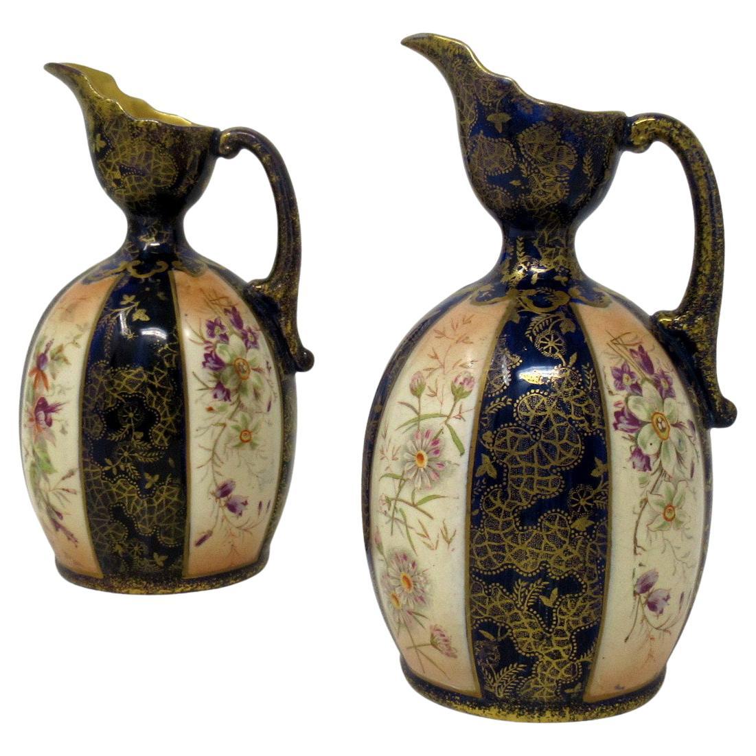 Antique Pair Victorian English Porcelain Ewers Jugs Vases Gilt Cobalt Blue  19 Ct For Sale at 1stDibs
