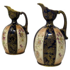Antique Pair Victorian English Porcelain Ewers Jugs Vases Gilt Cobalt Blue 19 Ct