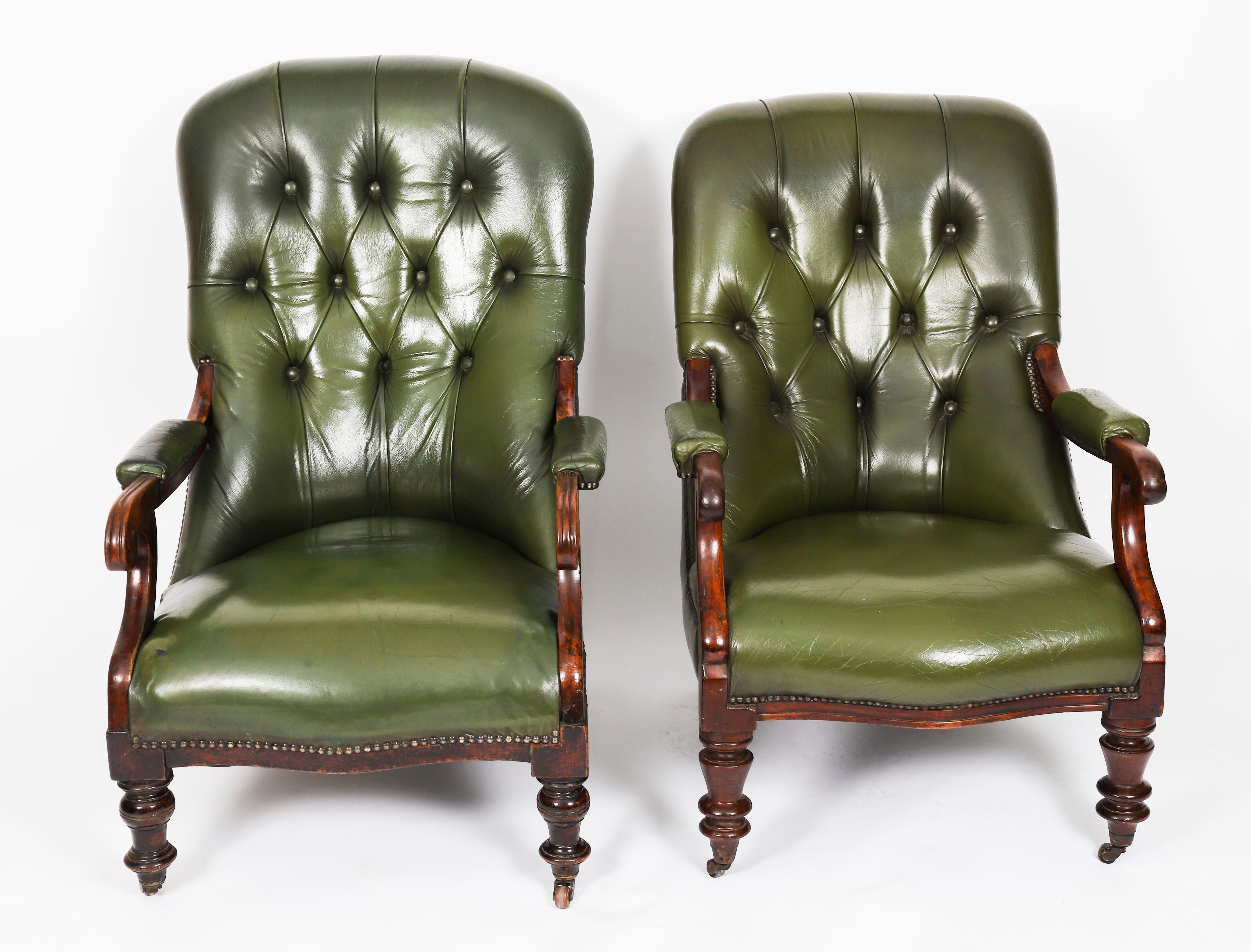 Antique Pair Victorian His and Hers Green Leather Armchairs 19th