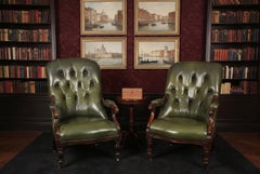 Antique Pair Victorian His & Hers Green Leather Armchairs 19th Century