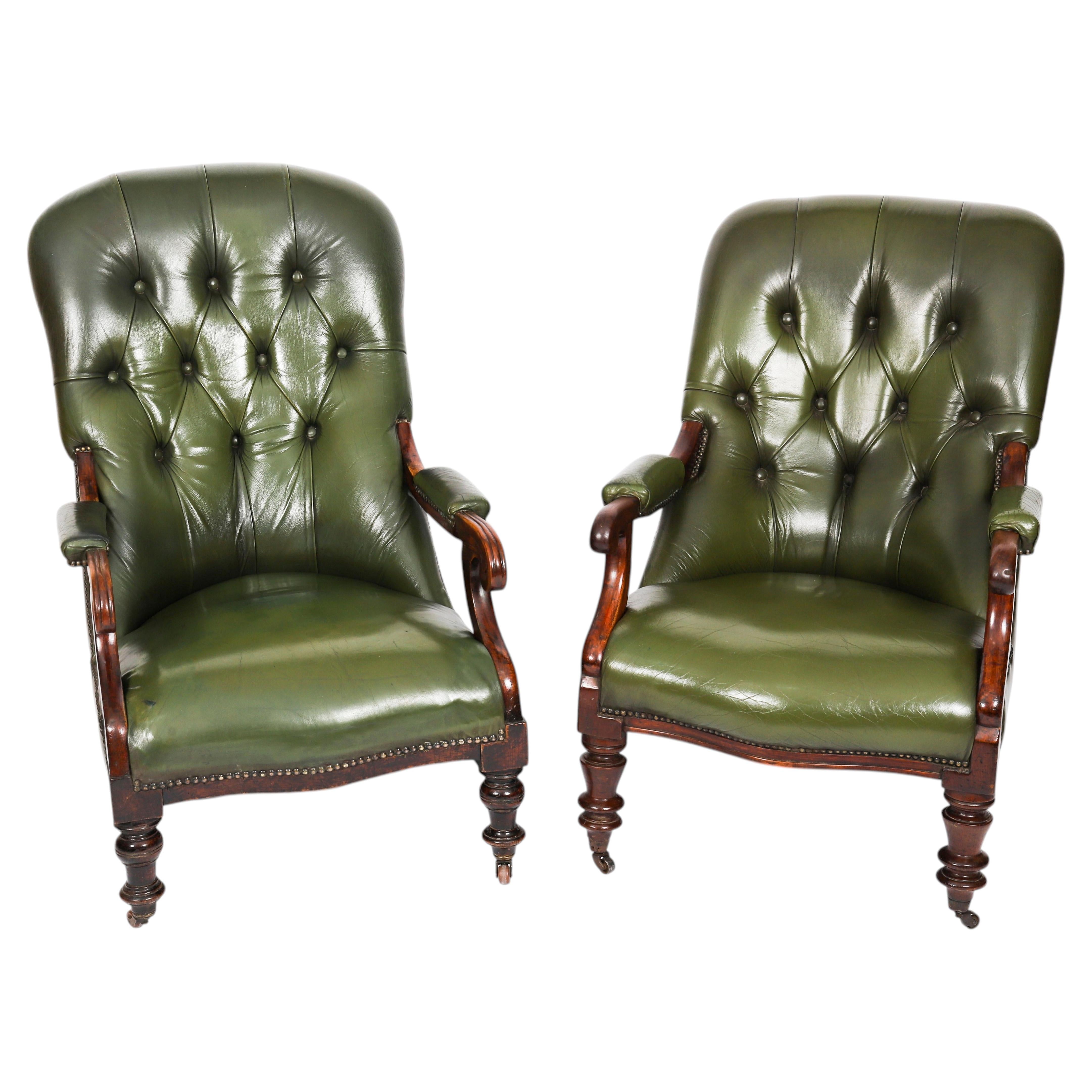 Antique Pair Victorian His & Hers Green Leather Armchairs 19th Century