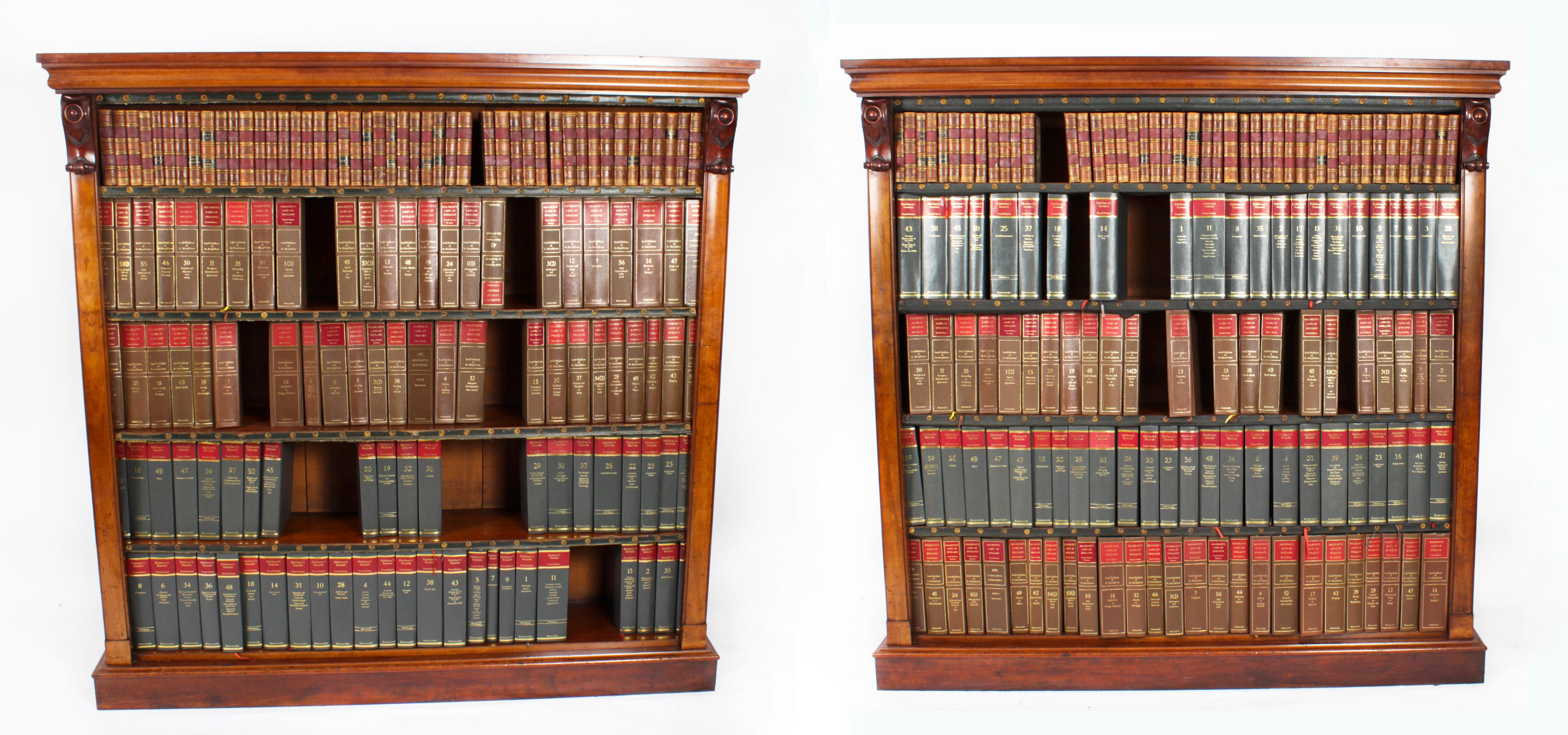 This is a beautiful pair of antique Victorian mahogany open bookcase, Circa 1870 in date.
 
The bookcases with elegant stepped rectangular cornices, and each with four adjustable shelves. The front of each shelf is fitted with the original brass