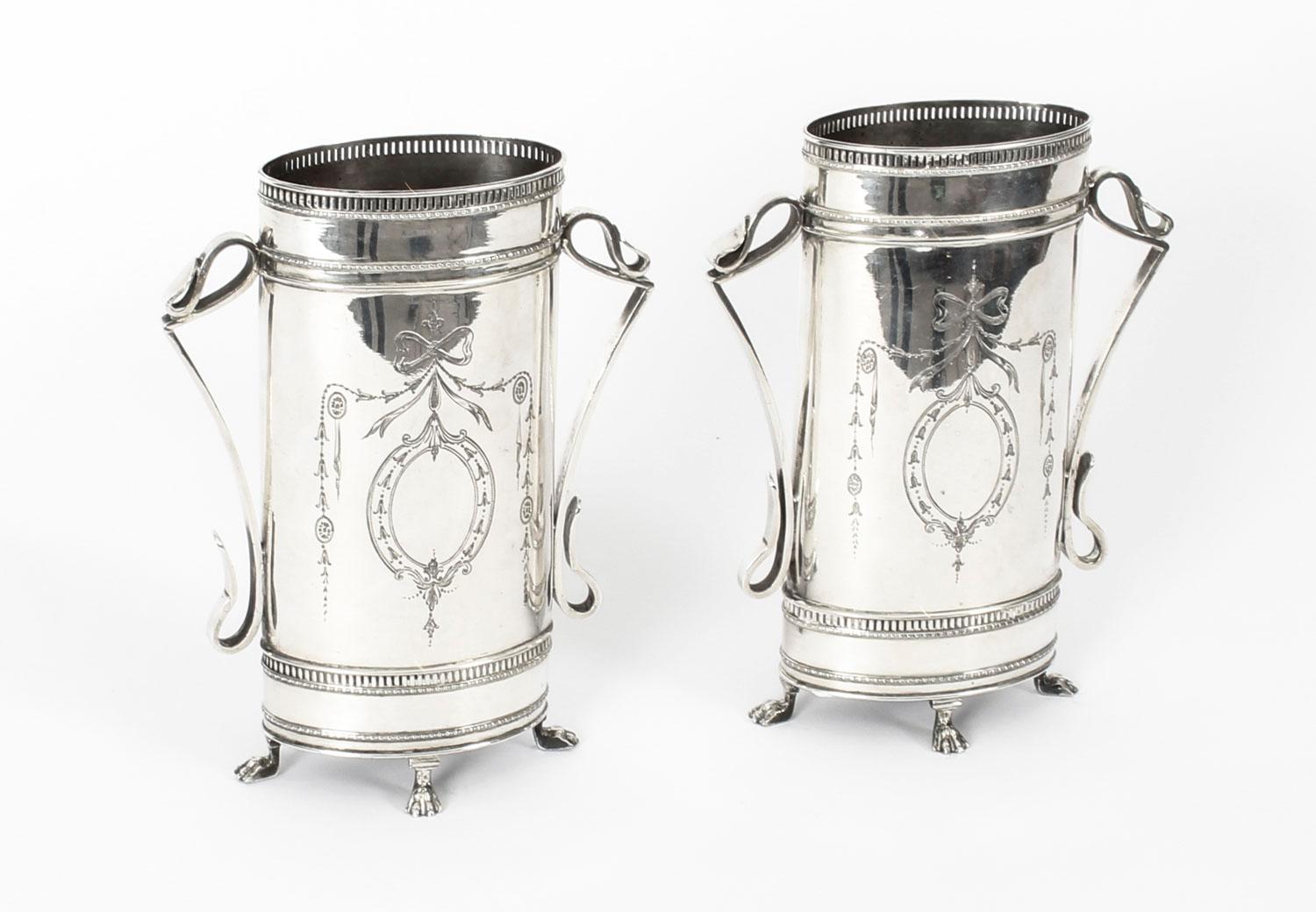 Antique Pair of Victorian Neoclassical Silver Plate Vases, 19th Century 12