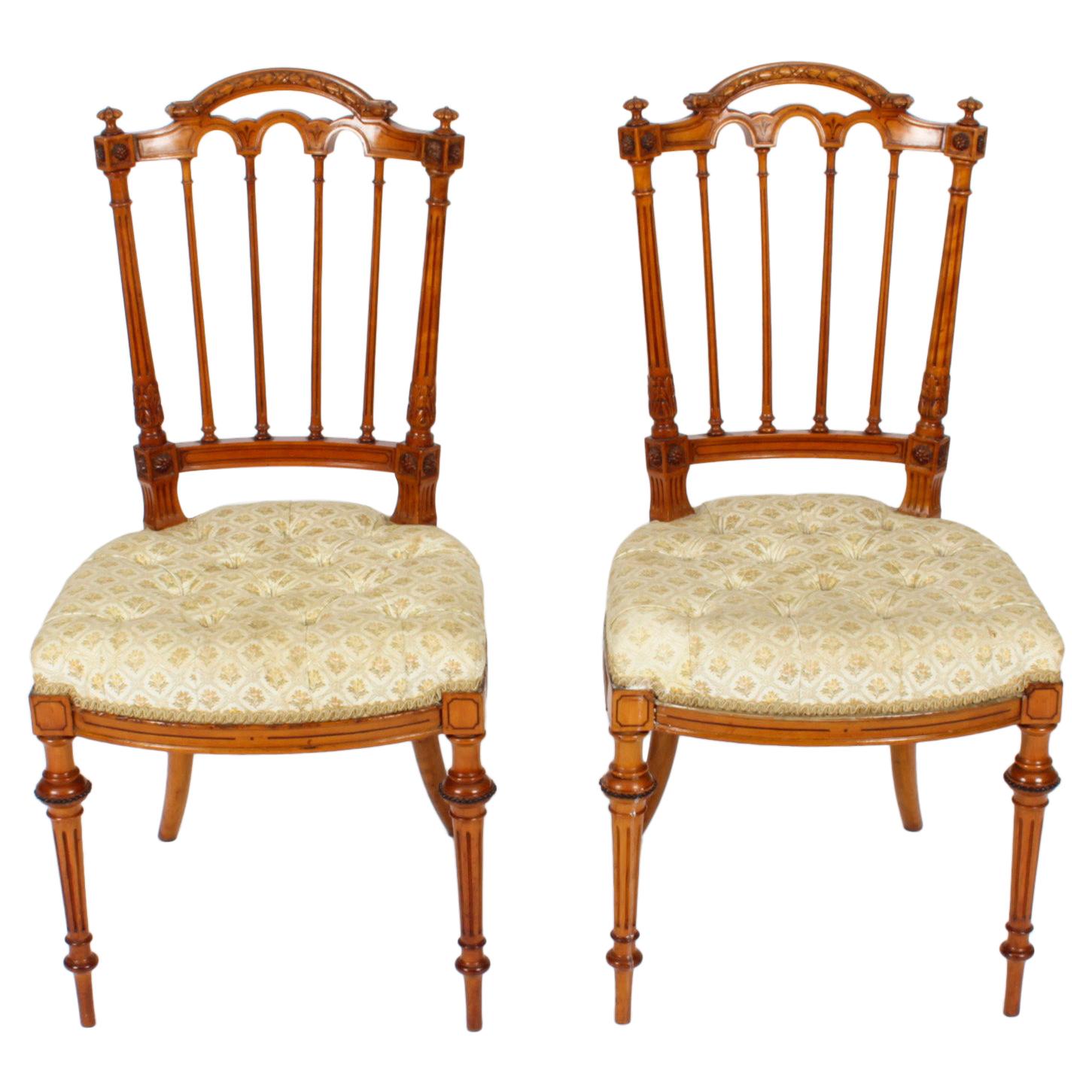 Antique Pair Victorian Satinwood Sheraton Revival Side Chairs, 19th Century