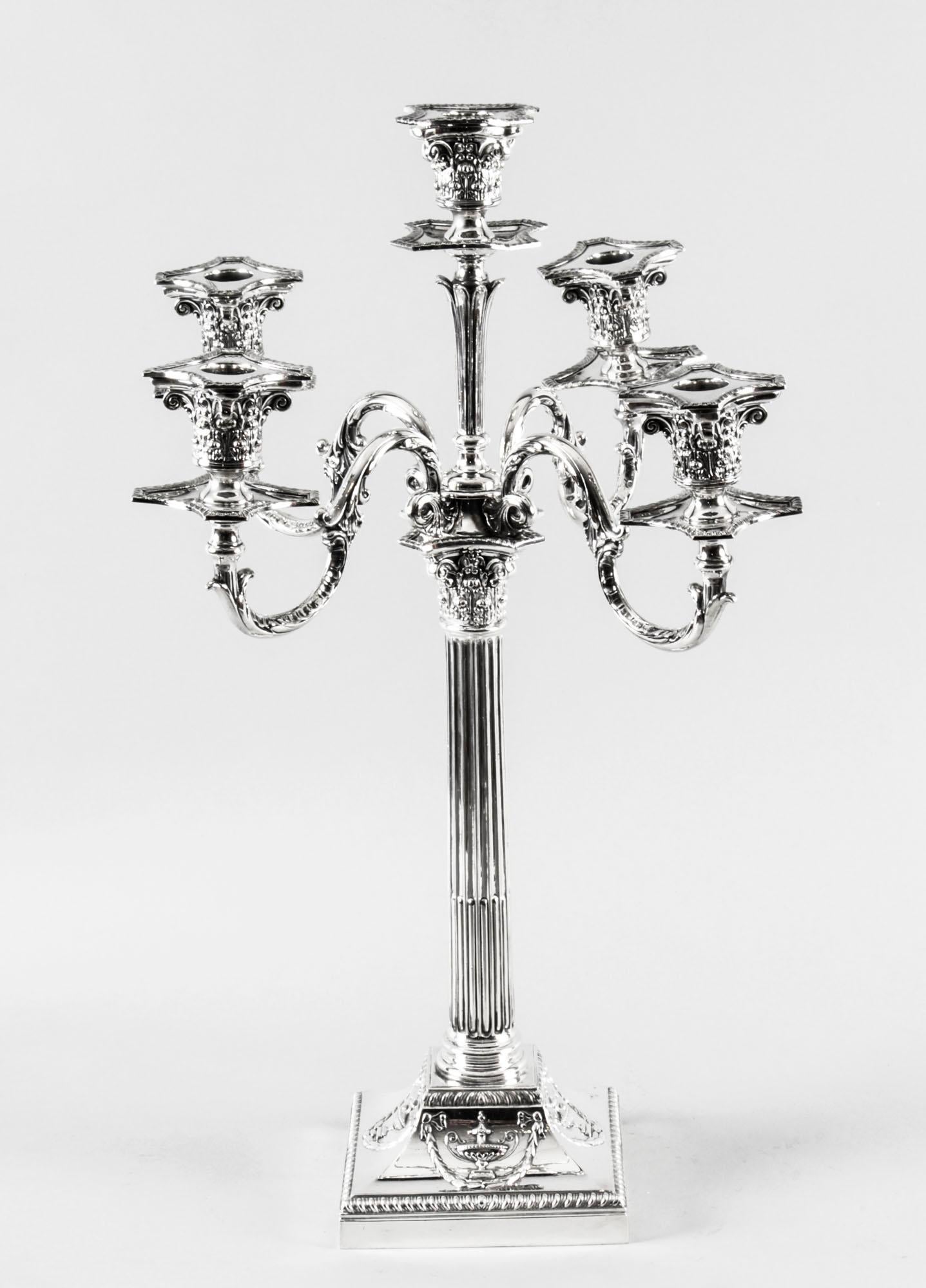 English Pair Victorian Silver Plated Five-Light Candelabra by Elkington 19th Century For Sale