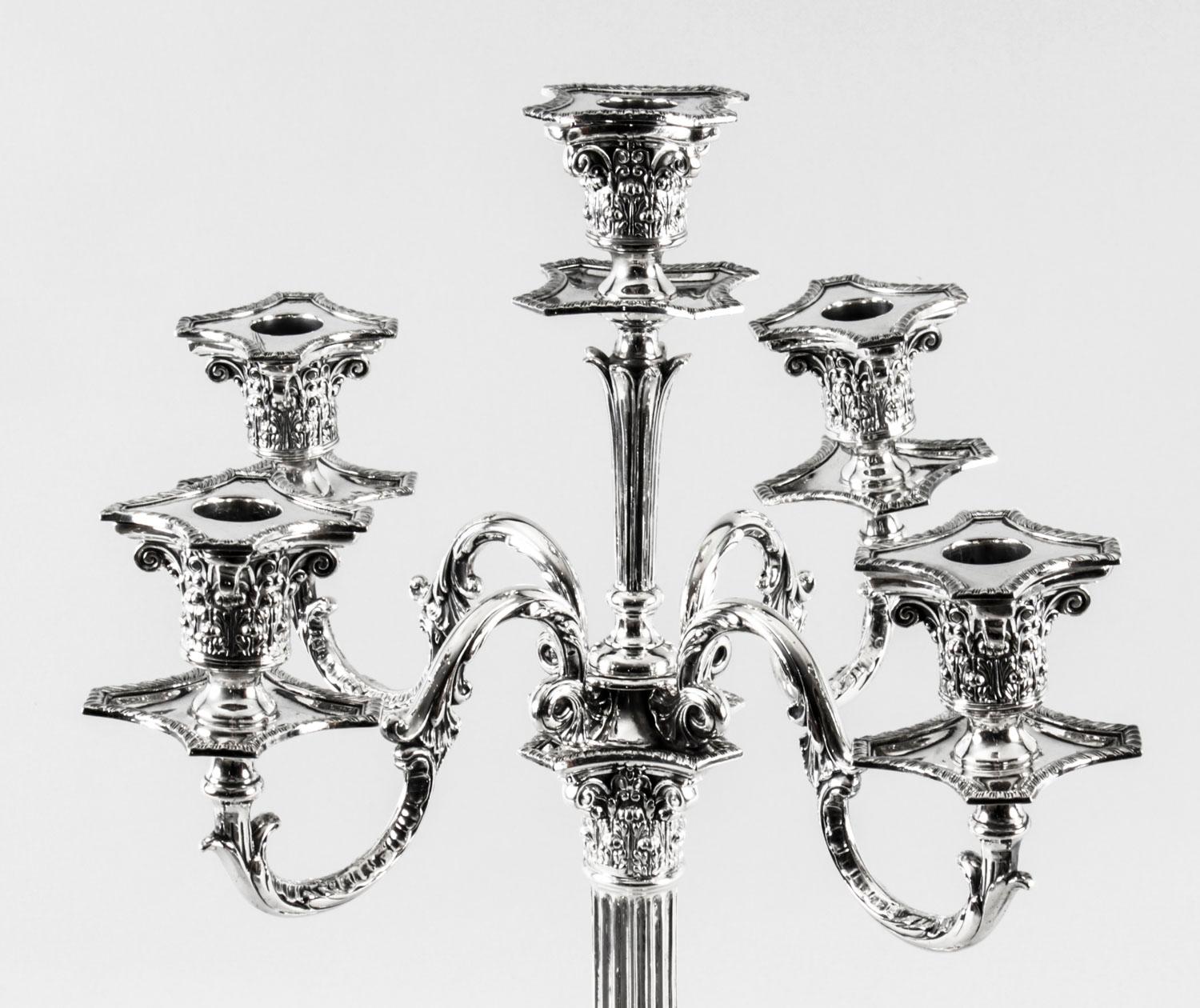 Late 19th Century Pair Victorian Silver Plated Five-Light Candelabra by Elkington 19th Century For Sale