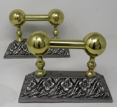 Antique Pair Victorian Steel Brass Fireplace Andirons, Chenets, Fire Dogs Irons