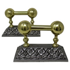 Antique Pair Victorian Steel Brass Fireplace Andirons, Chenets, Fire Dogs Irons