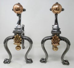 Antique Pair of Victorian Steel Copper Fireplace Andirons, Chenets or Fire Dogs