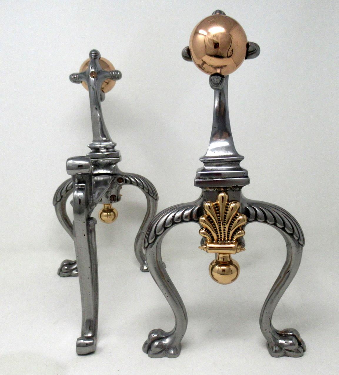 Antique Pair of Victorian Steel Copper Fireplace Andirons, Chenets or Fire Dogs In Good Condition In Dublin, Ireland