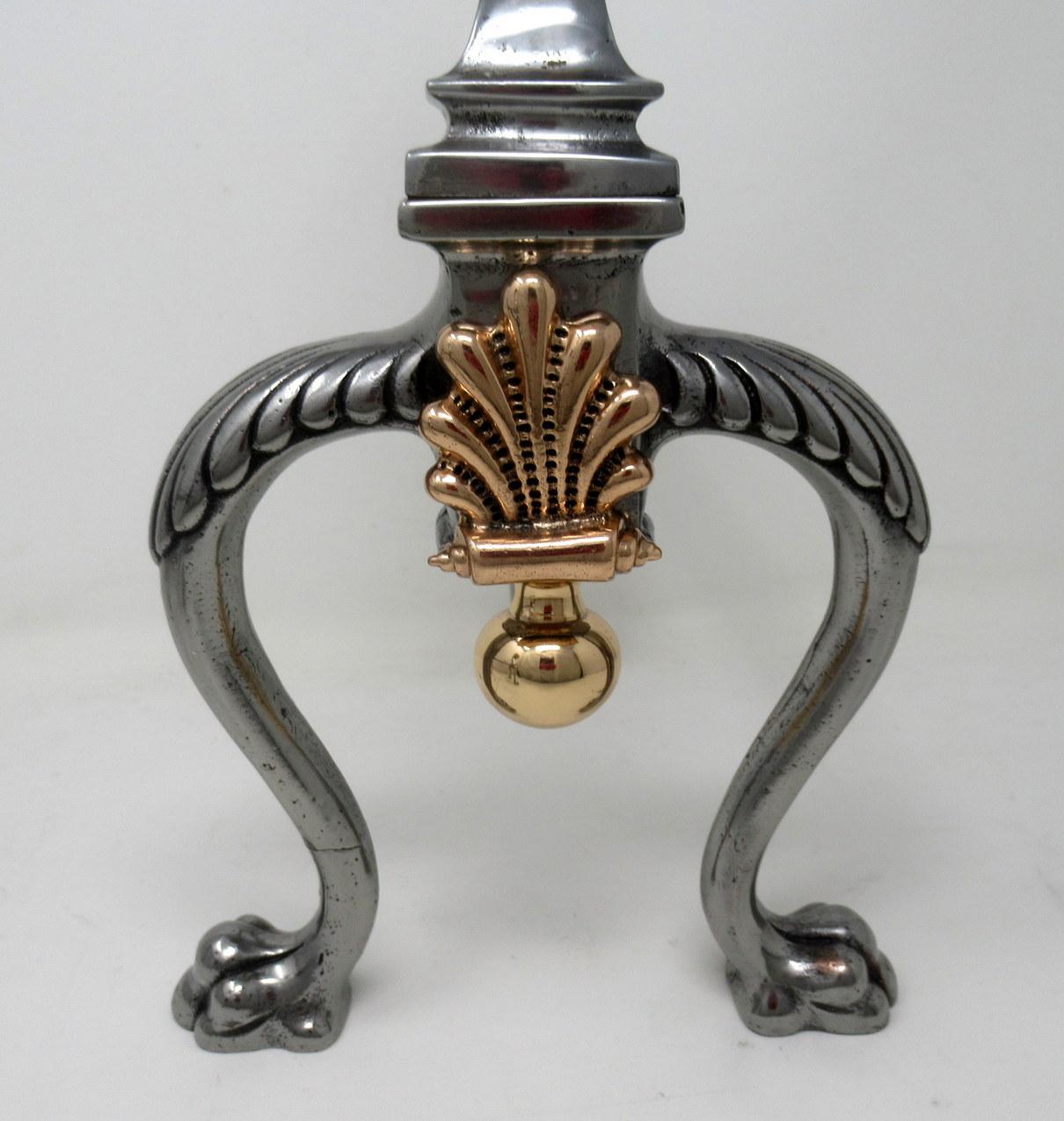 19th Century Antique Pair of Victorian Steel Copper Fireplace Andirons, Chenets or Fire Dogs